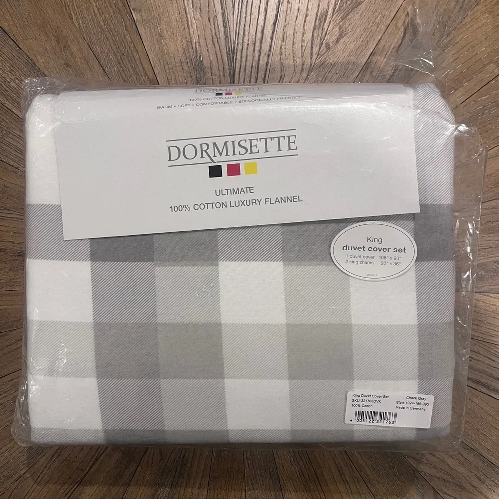 Dormisette German Flannel KING Duvet Cover 3 Piece Set Gray White Check Plaid